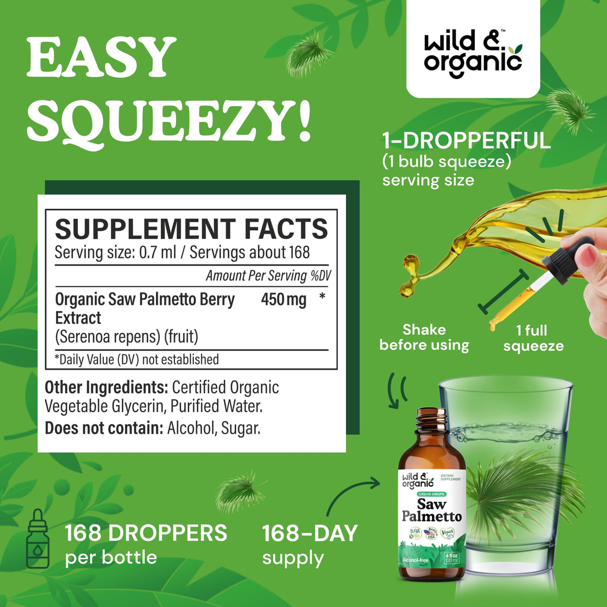 Alcohol free vegan saw palmetto extract four fluid ounce supplement facts label