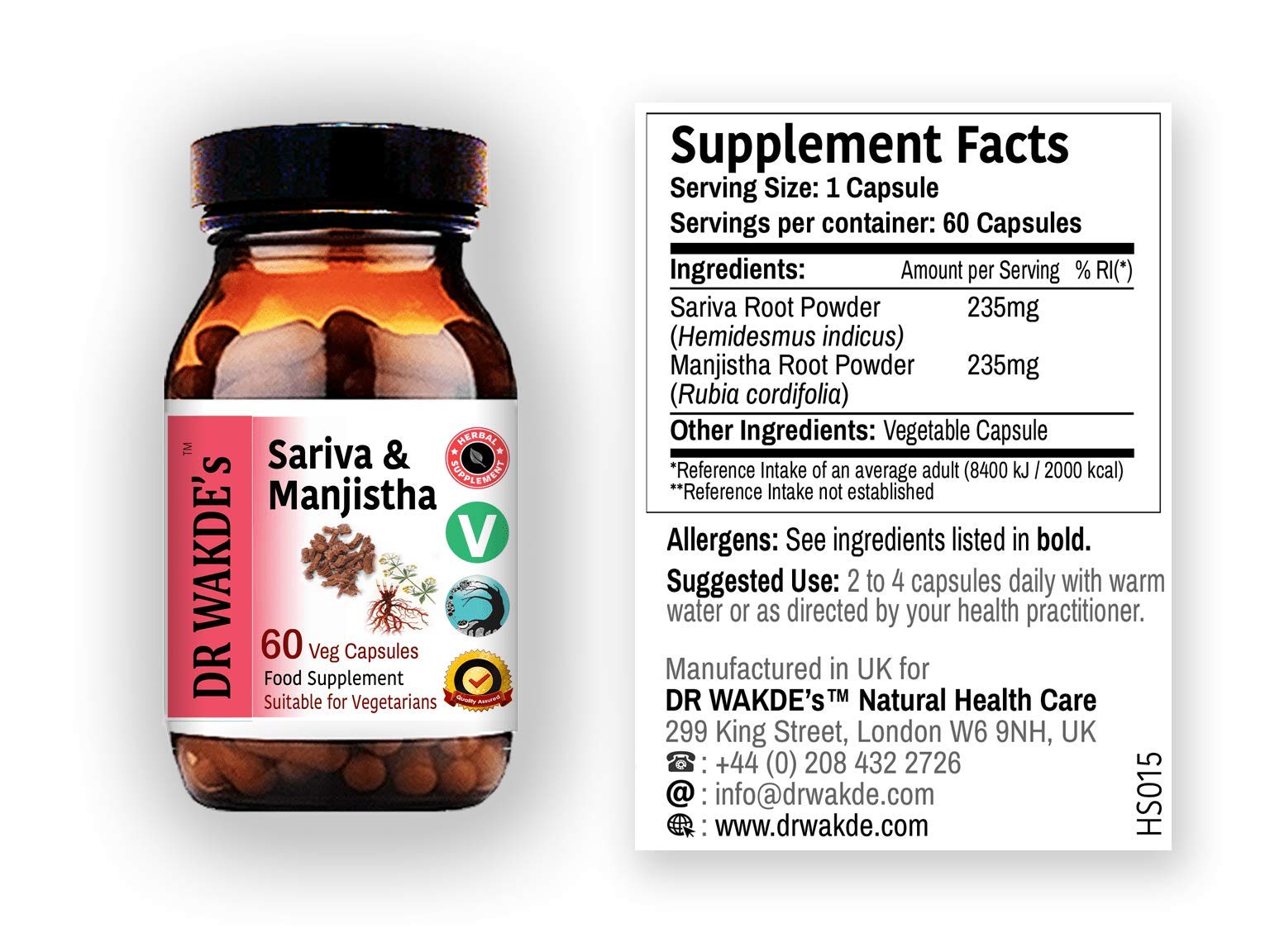 Dr Wakde's Sariva and Manjistha Ayurvedic supplement 60 capsules label details