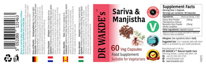 Back label of Dr Wakde's Sariva and Manjistha veg capsules with ingredients