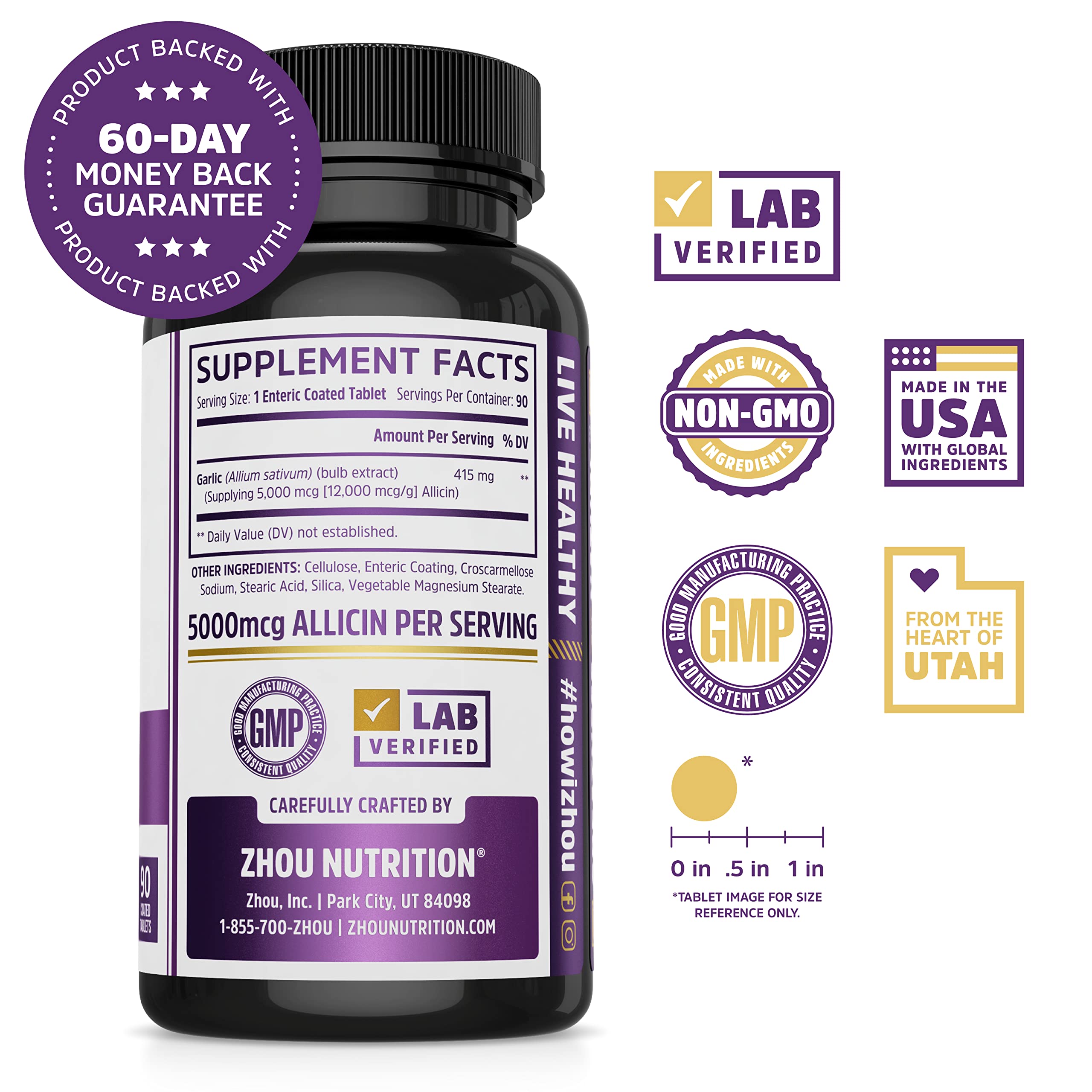 Odorless enteric coated garlic tablets packaging showing supplement facts panel.