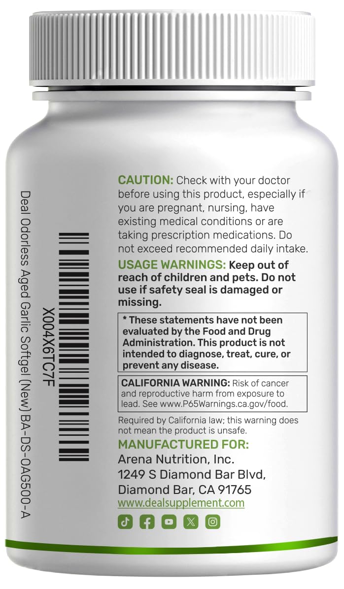 Deal Supplement gluten free odorless aged garlic five hundred softgels bottle layout.