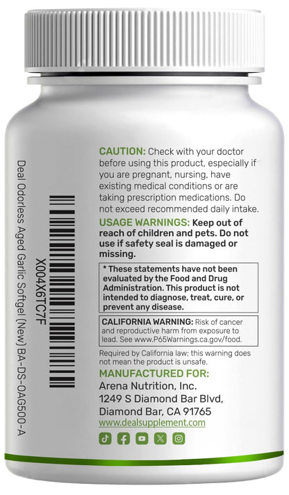 Deal Supplement gluten free odorless aged garlic five hundred softgels bottle layout.