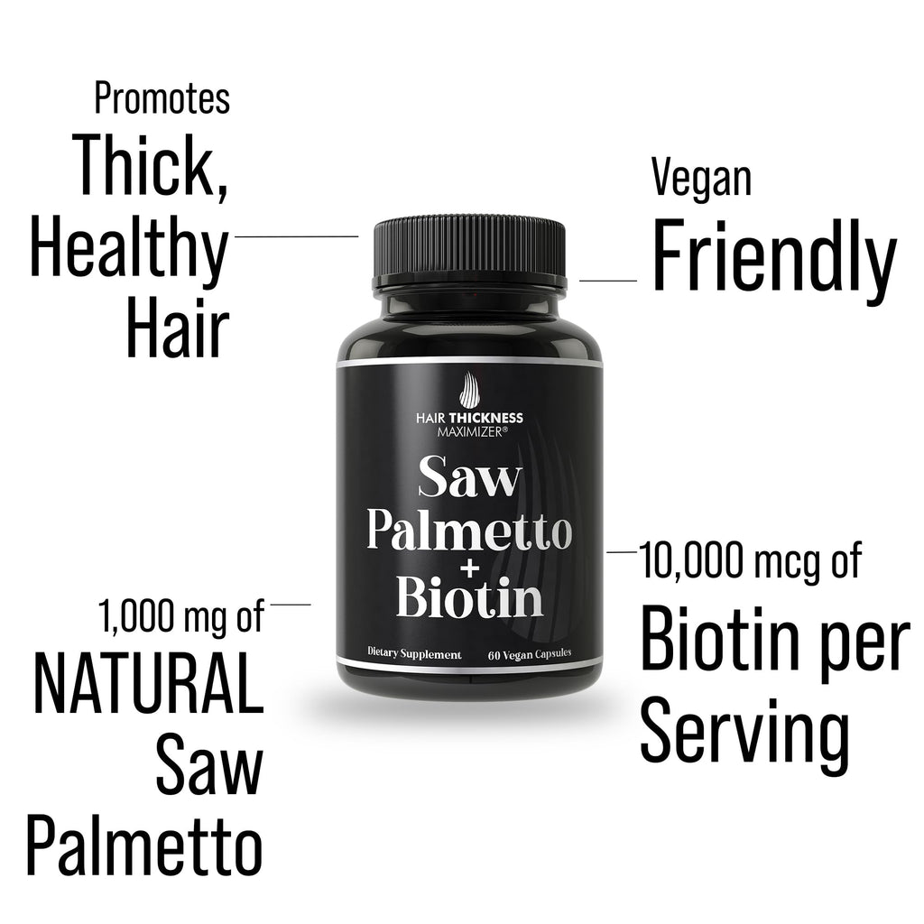 Hair Thickness Maximizer advanced two in one combo supplement label details displaying one thousand milligrams saw palmetto extract