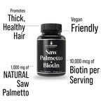 Hair Thickness Maximizer advanced two in one combo supplement label details displaying one thousand milligrams saw palmetto extract