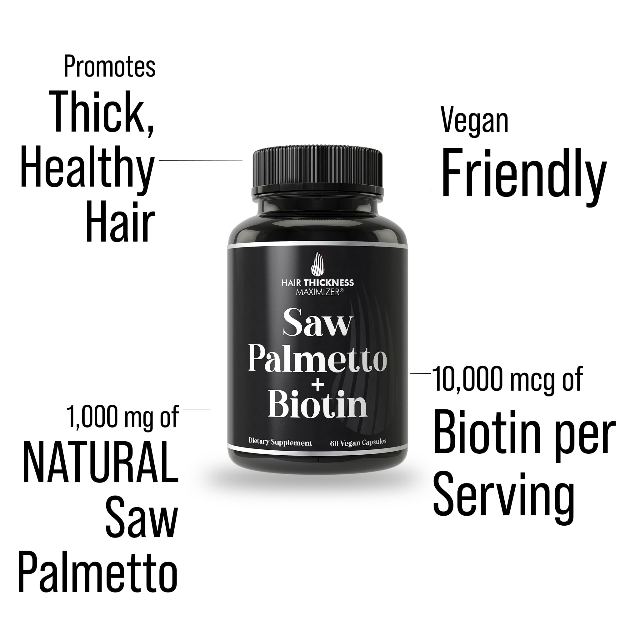 Hair Thickness Maximizer advanced two in one combo supplement label details displaying one thousand milligrams saw palmetto extract