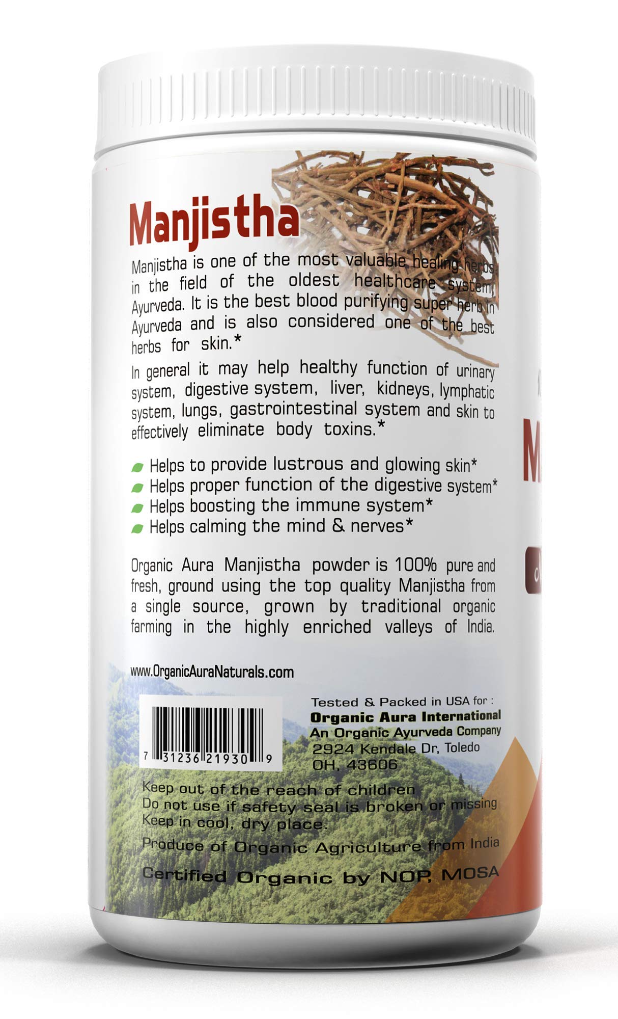 Organic Aura USDA certified organic manjistha herbal supplement label