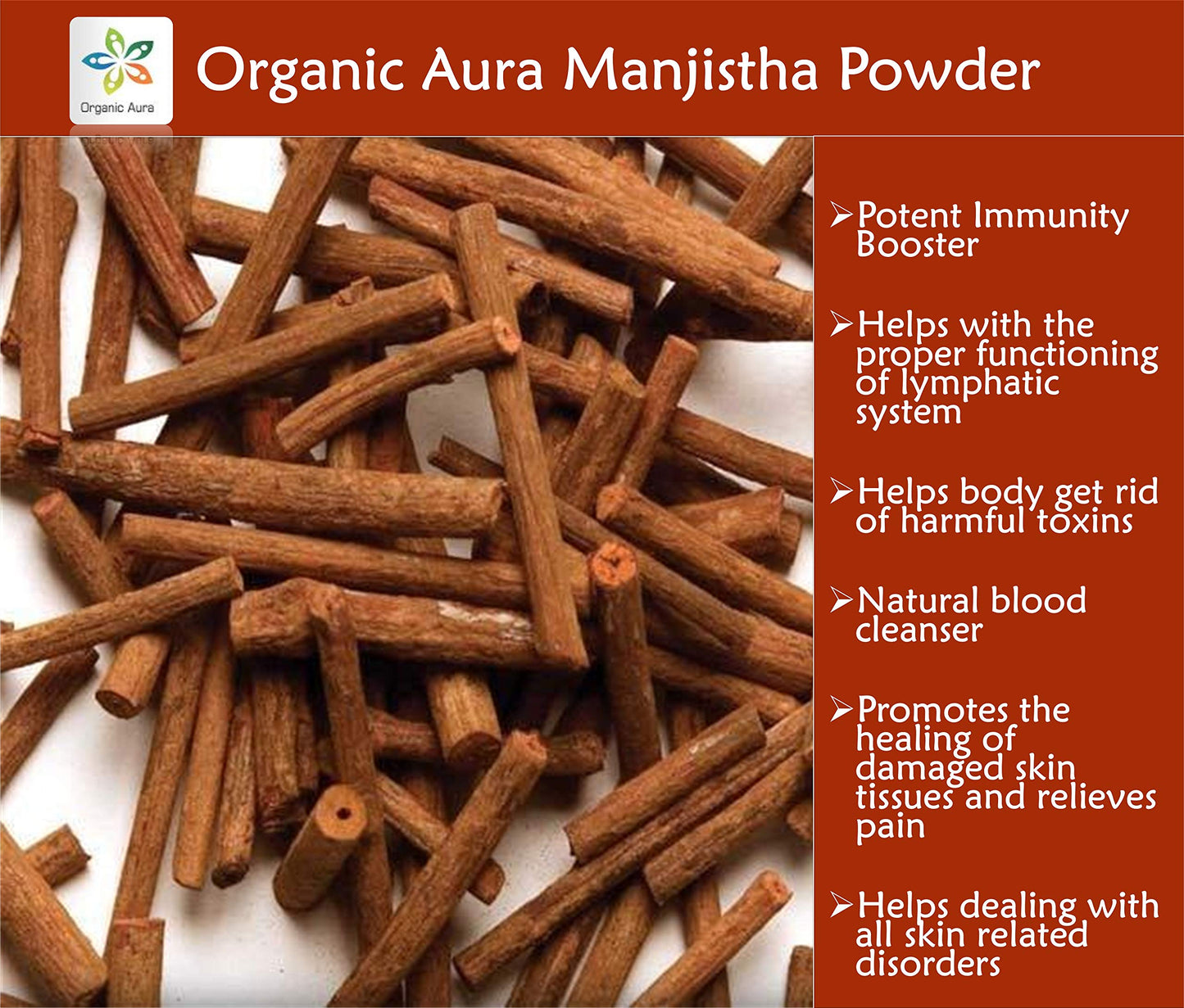 Organic Aura manjistha powder packaging 16 ounce size