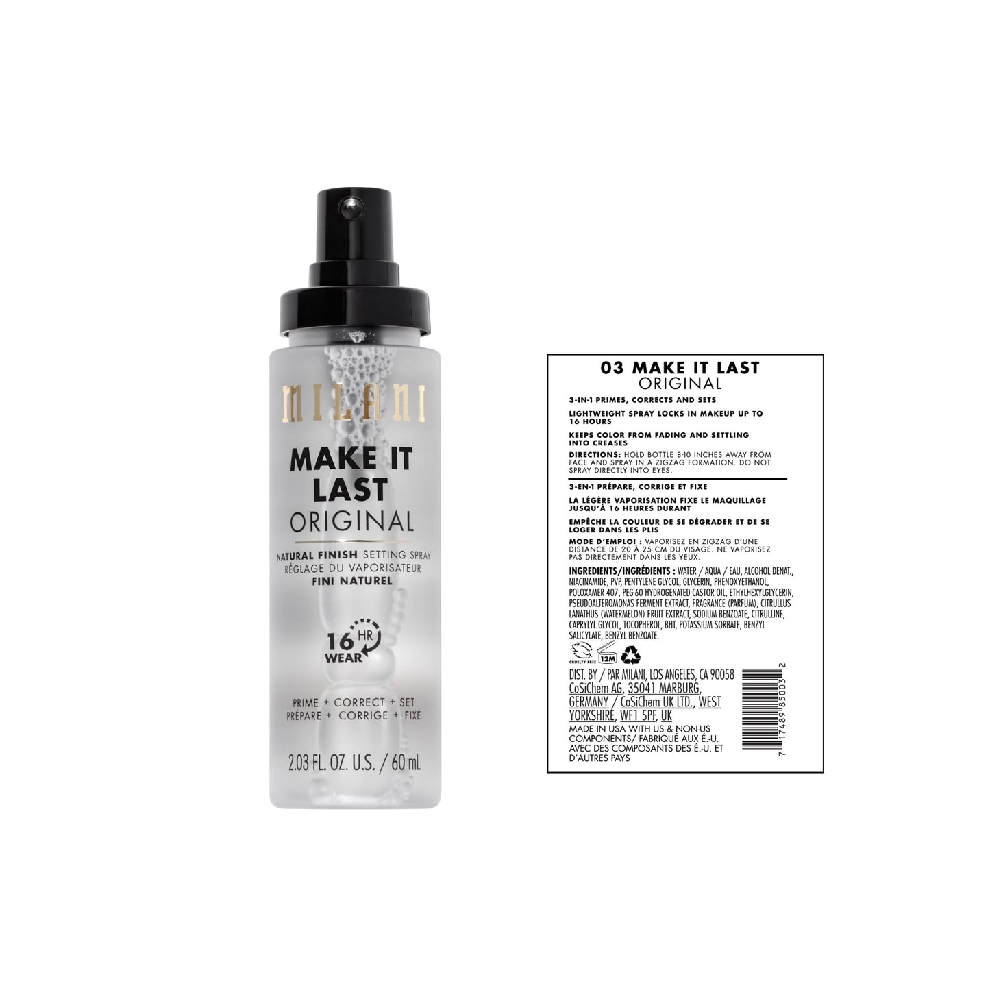 Milani 3-in-1 setting spray and face primer bottle details
