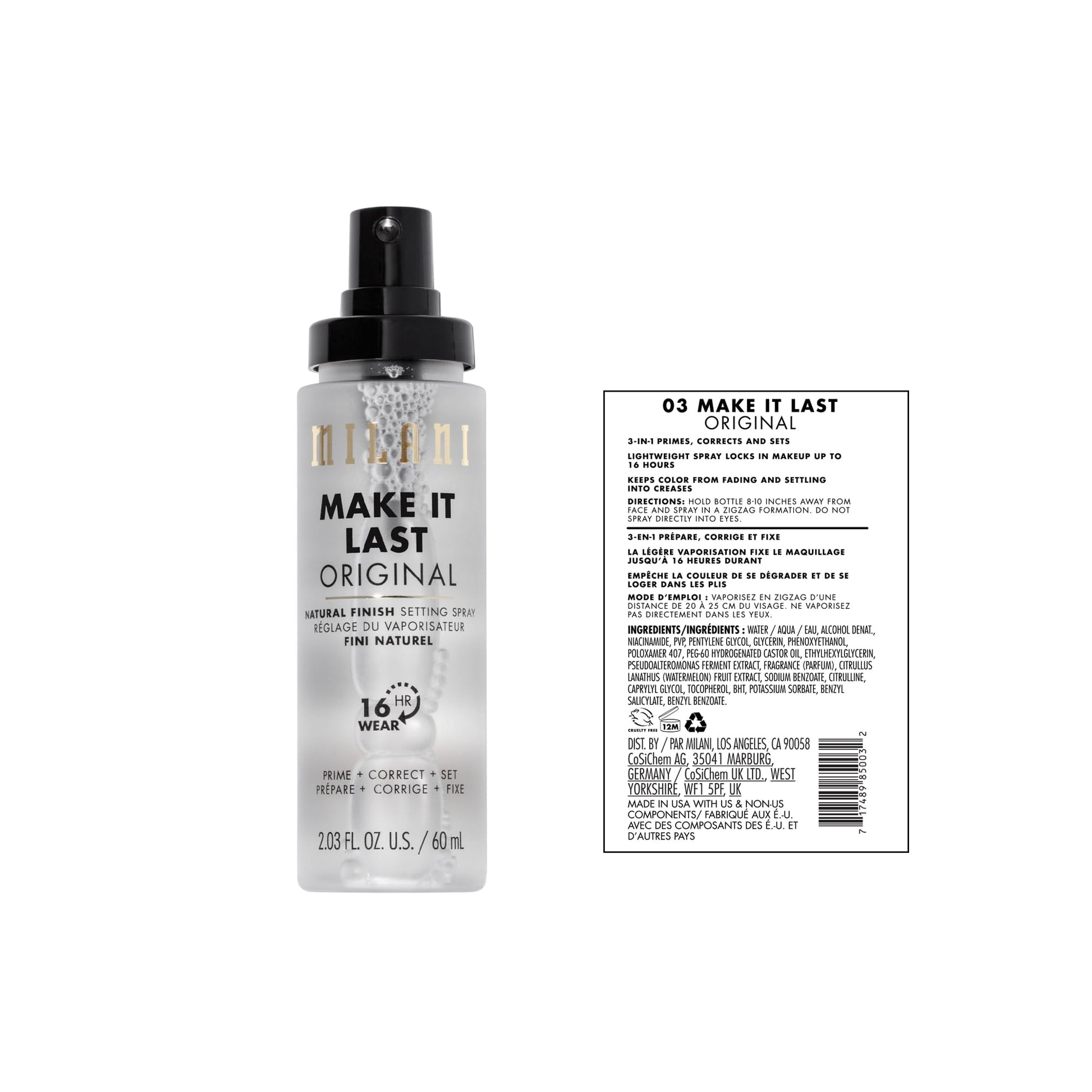 Milani 3-in-1 setting spray and face primer bottle details