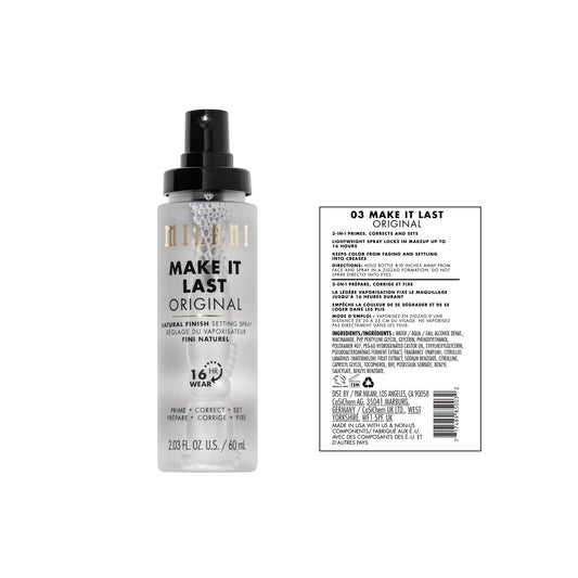 Milani 3-in-1 setting spray and face primer bottle details