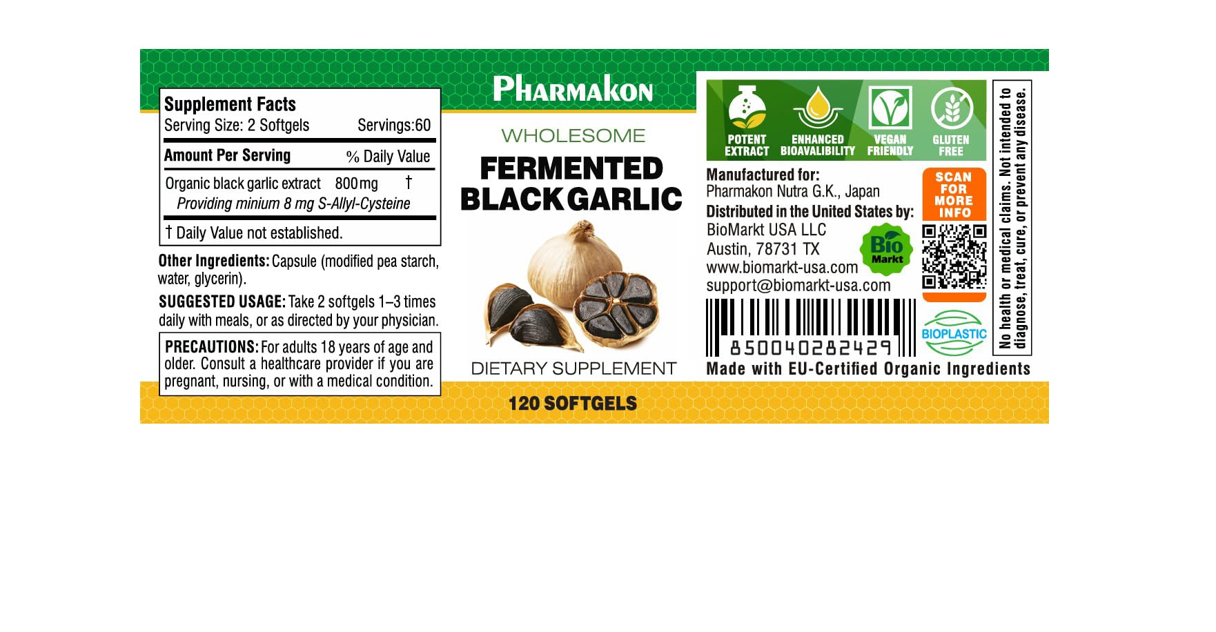 Pharmakon fermented black garlic odor reduced supplement nutritional facts label and organic ingredients.