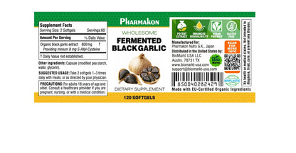 Pharmakon fermented black garlic odor reduced supplement nutritional facts label and organic ingredients.