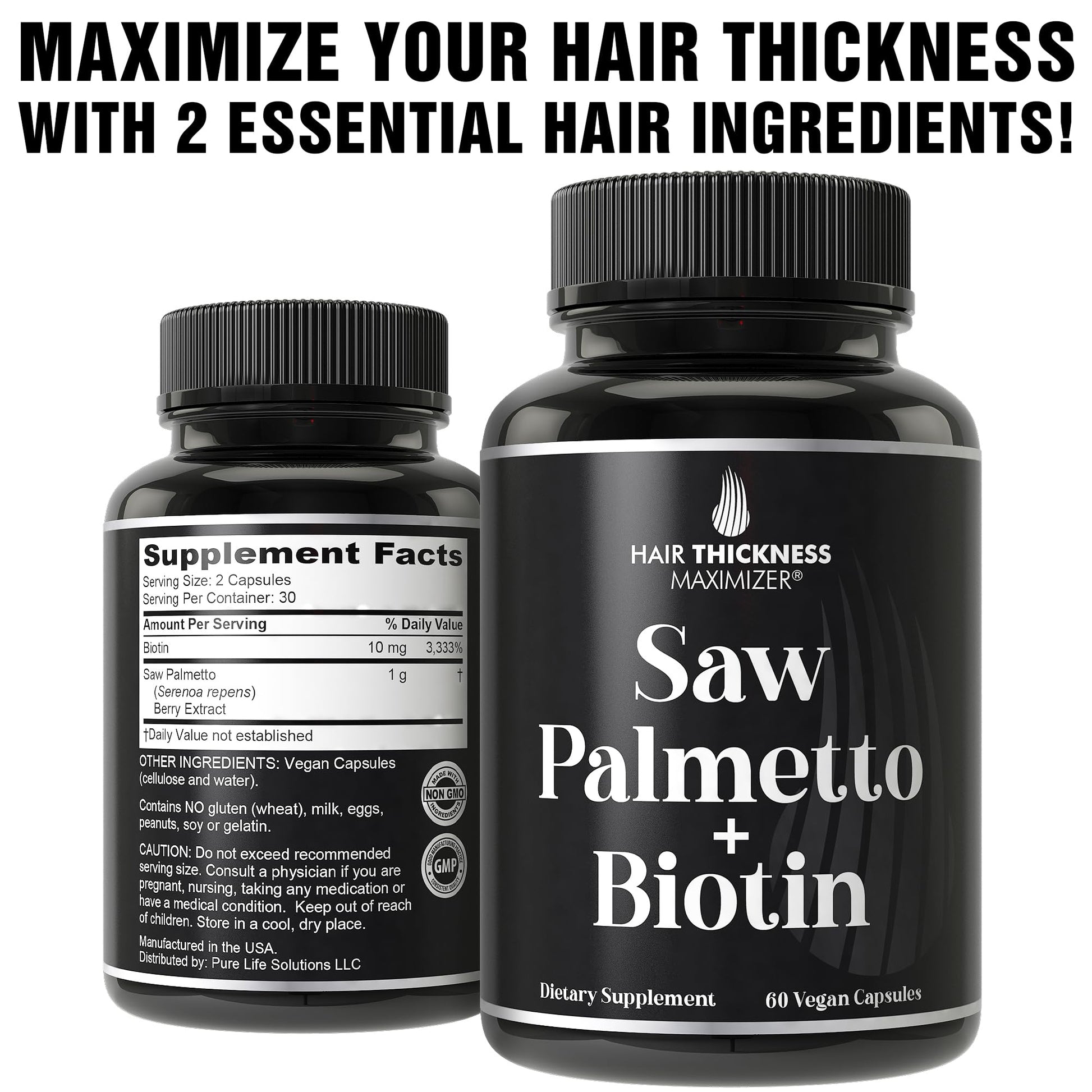 60 clean vegan capsules bottle of Hair Thickness Maximizer premium health supplement for improving hair density and volume