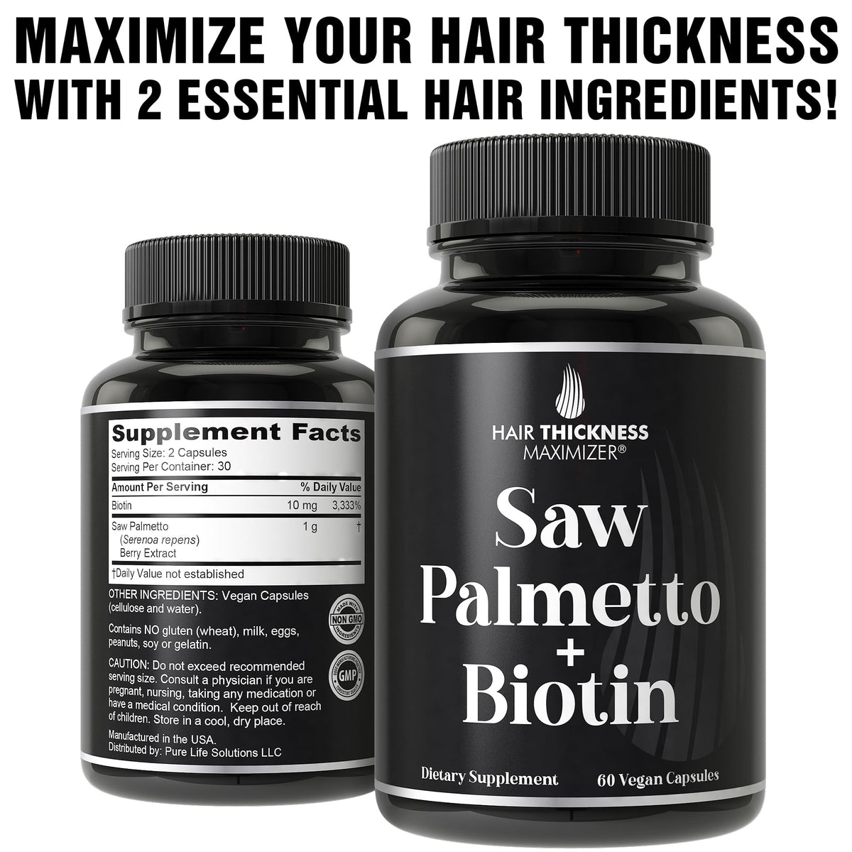 60 clean vegan capsules bottle of Hair Thickness Maximizer premium health supplement for improving hair density and volume