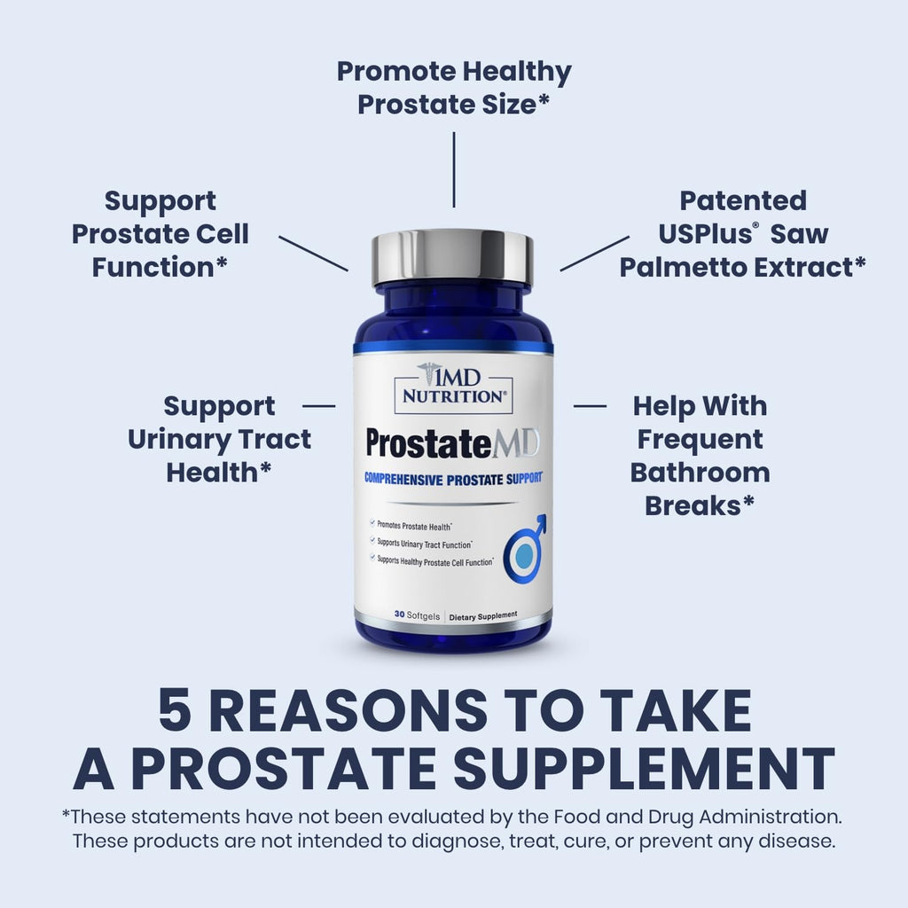 1MD Nutrition ProstateMD saw palmetto dietary supplement bottle showing ingredient breakdown facts label