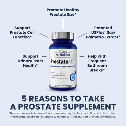 1MD Nutrition ProstateMD saw palmetto dietary supplement bottle showing ingredient breakdown facts label