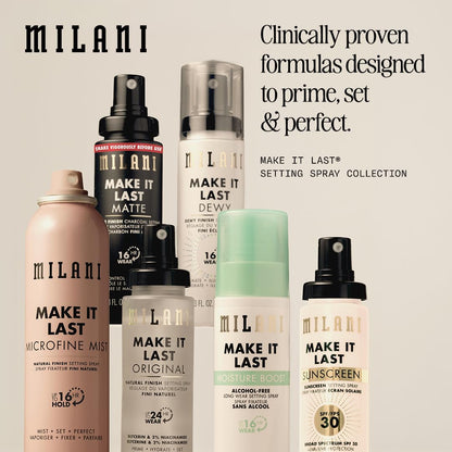 Professional makeup artist holding Milani setting spray bottle