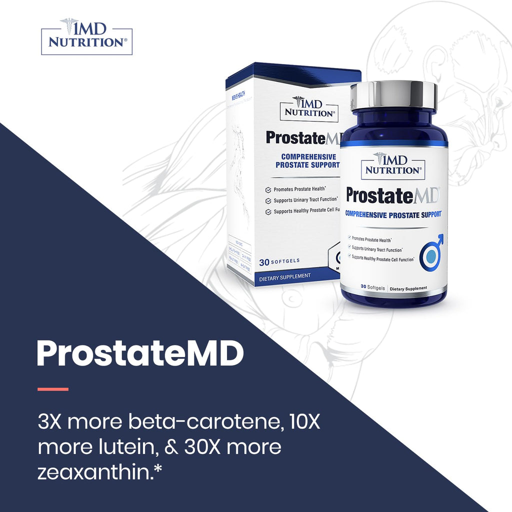 Close up view of authentic US imported 1MD Nutrition ProstateMD bottle with tamper evident seal