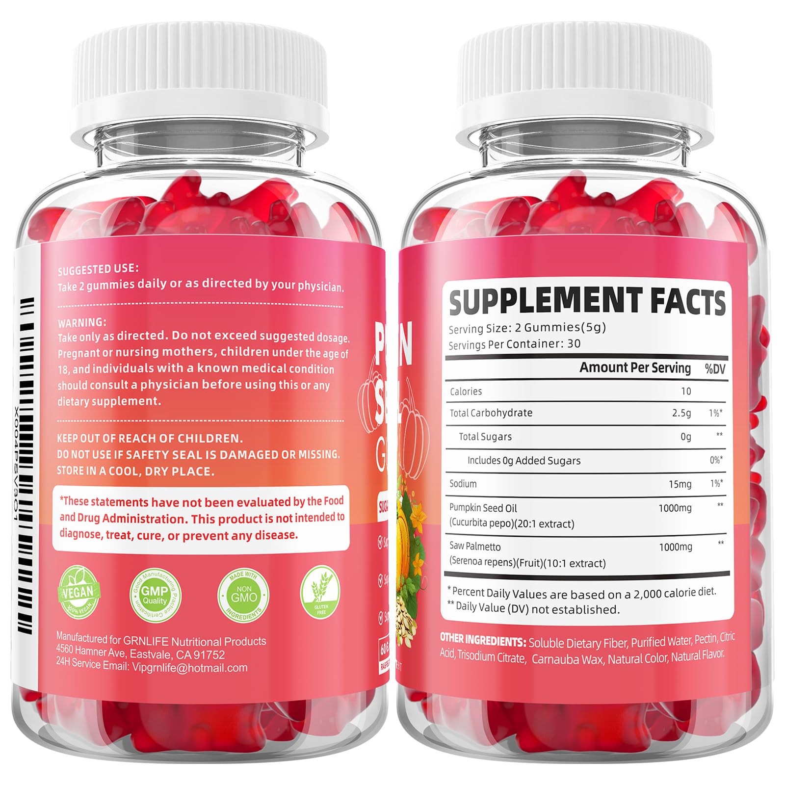 GrnLife raspberry flavored hair thickness gummies on a clean lifestyle background