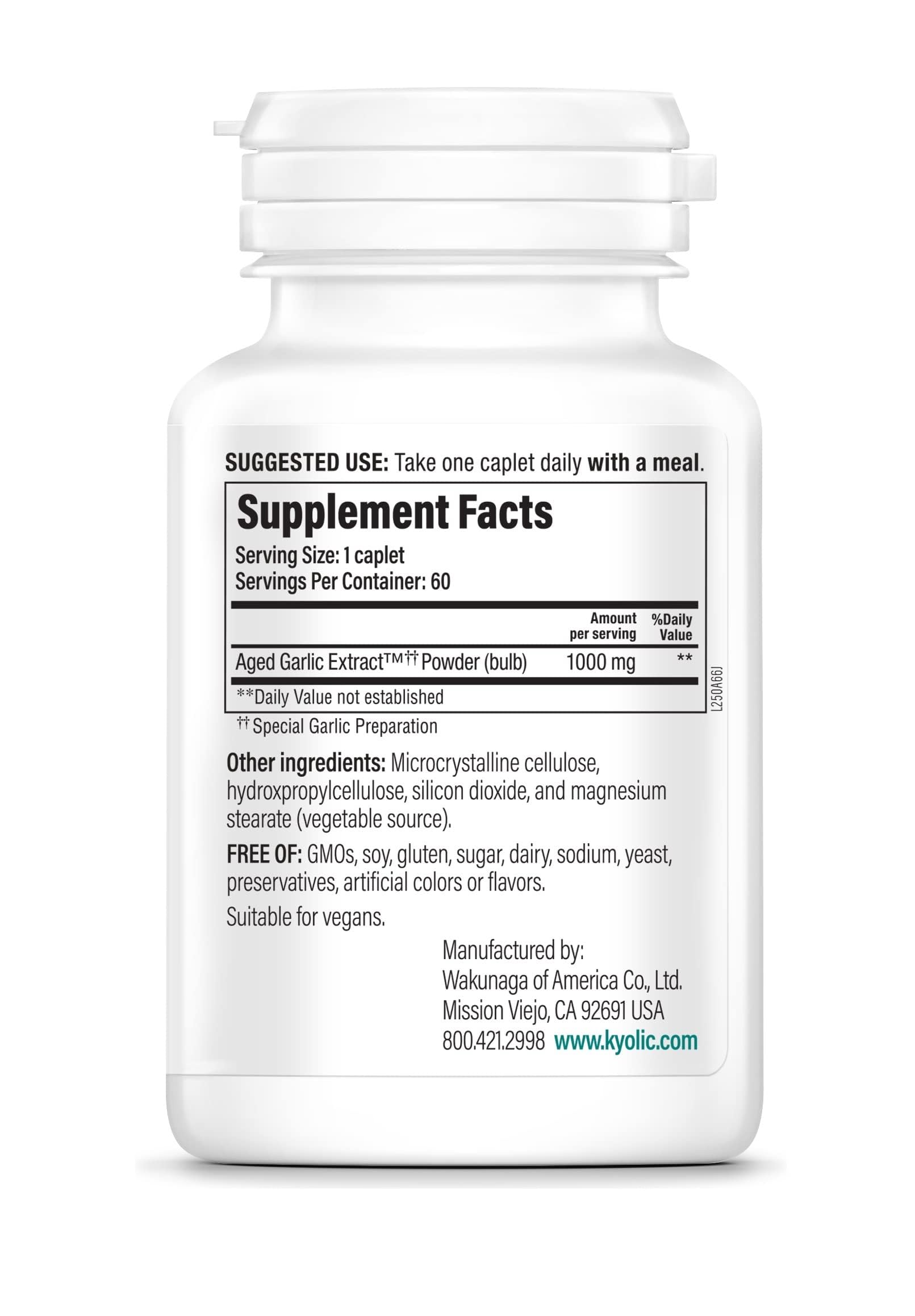 Kyolic 1000 mg odorless aged garlic extract supplement facts and ingredient label