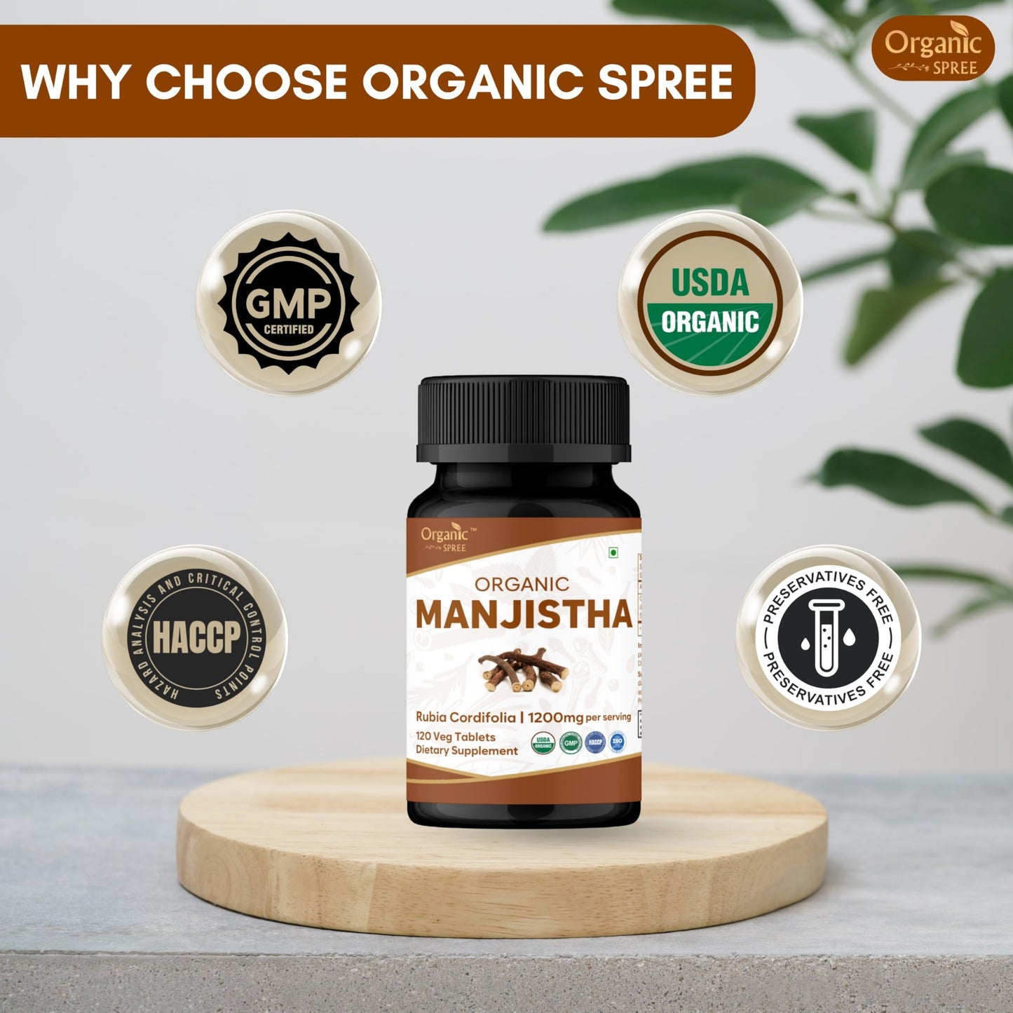 Close up of Organic Spree Manjistha tablet bottle