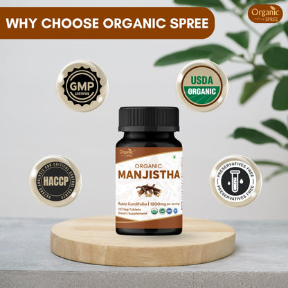 Close up of Organic Spree Manjistha tablet bottle