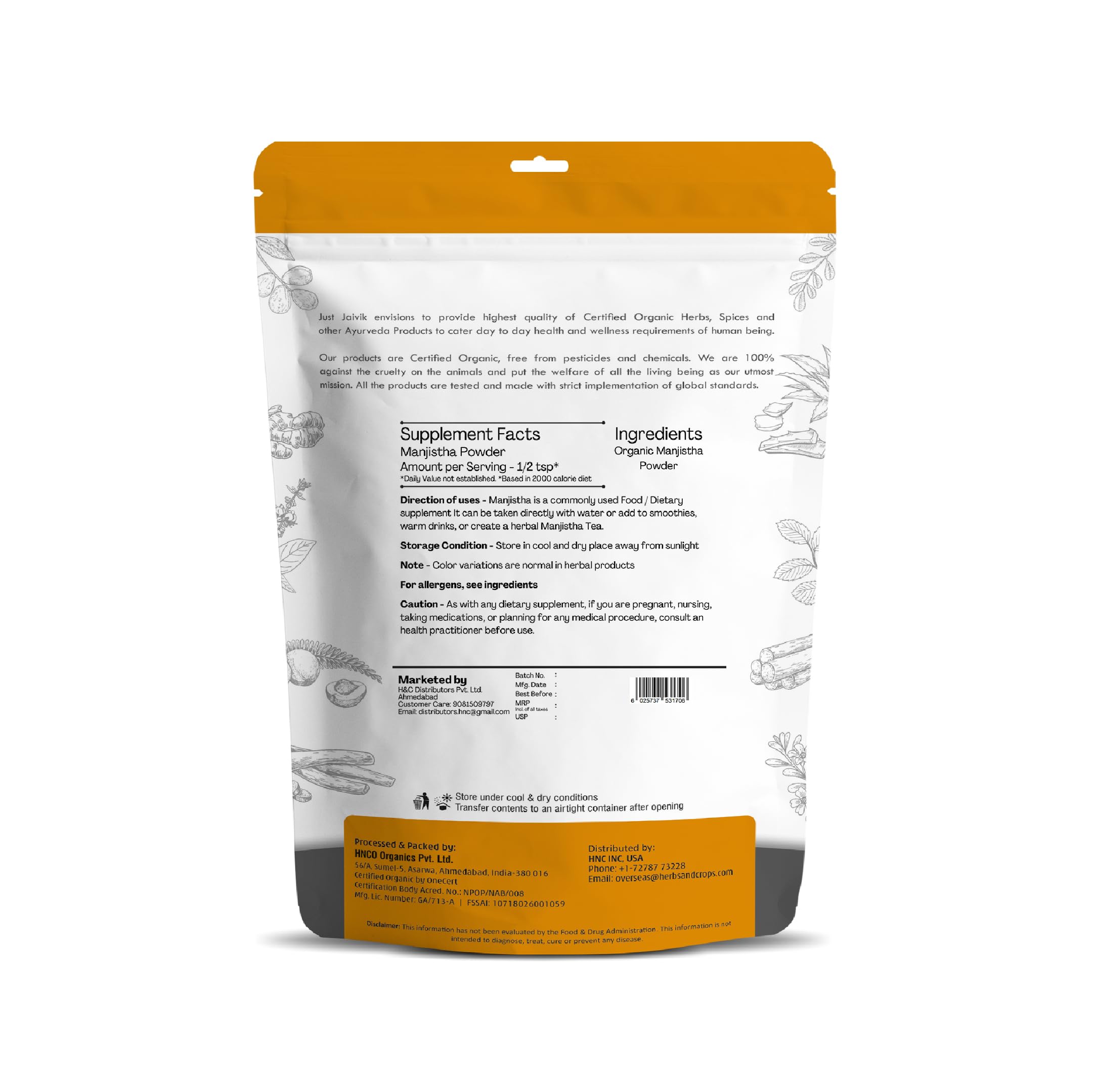Close up of Just Jaivik Manjistha organic root powder texture
