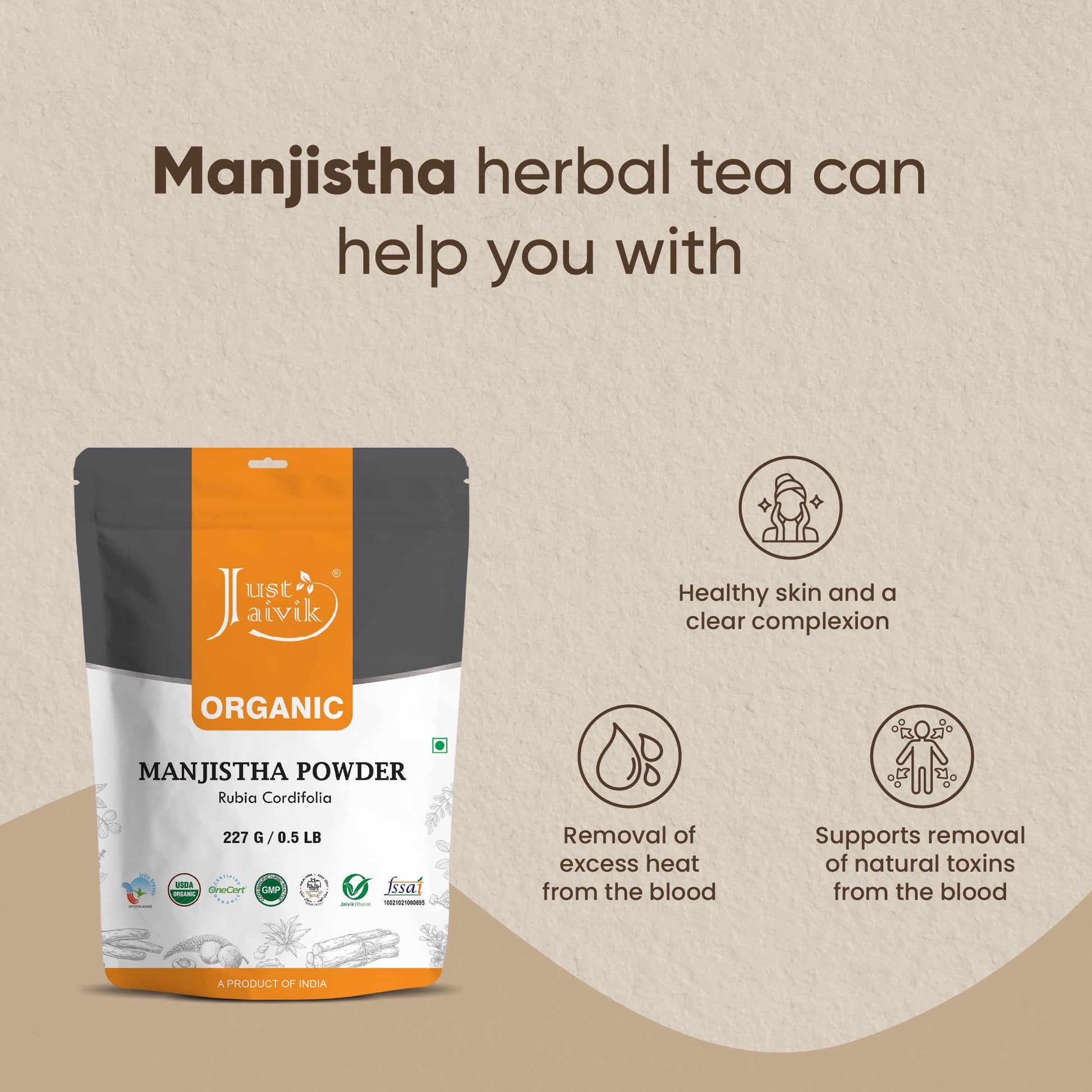Authentic Just Jaivik Manjistha powder for Ayurvedic skincare