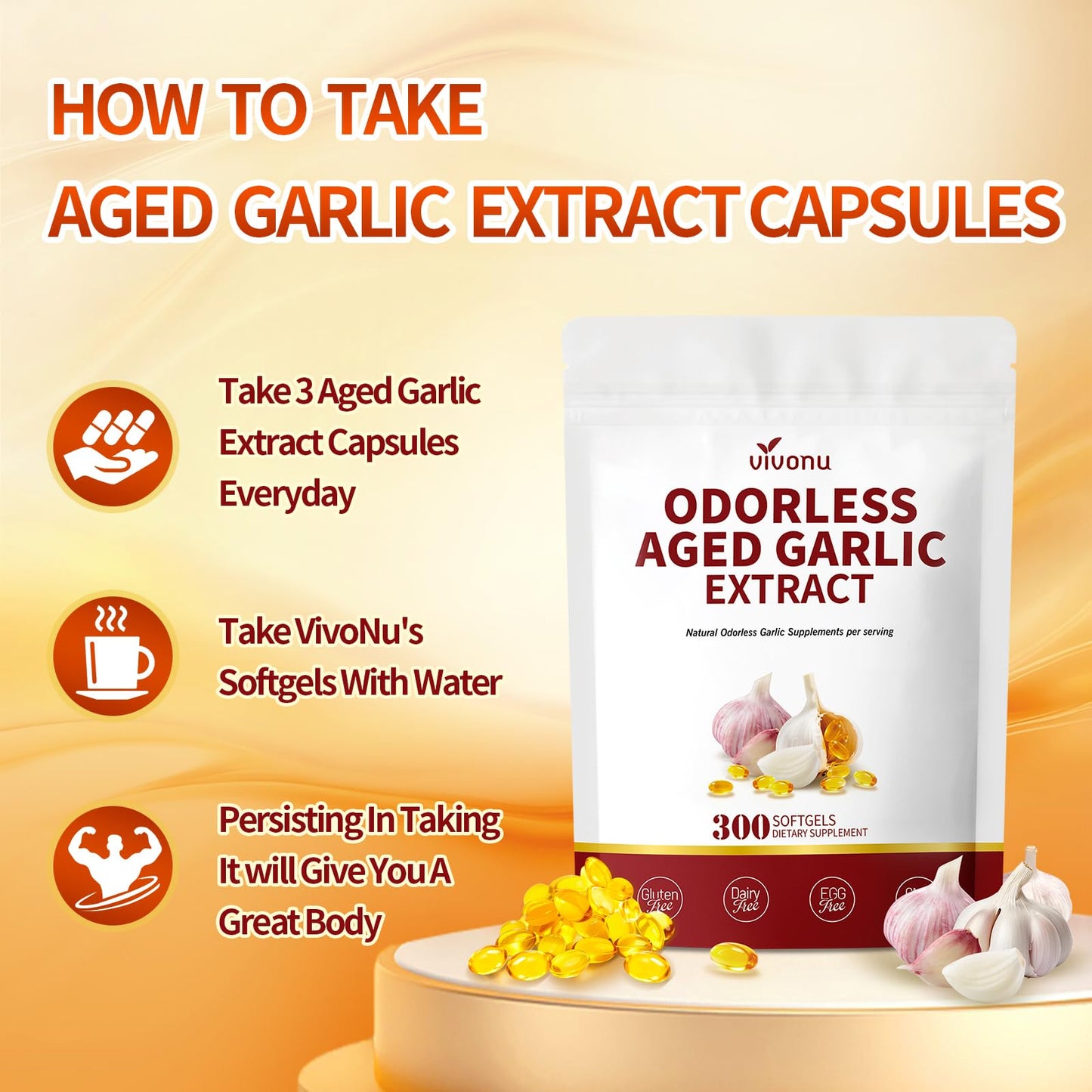 VivoNu odorless garlic pills showing capsule size and softgel texture