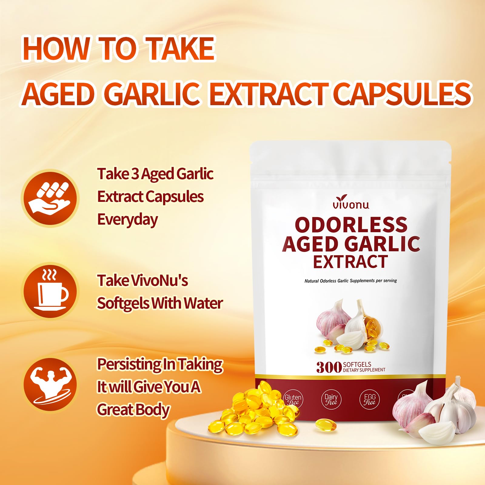 VivoNu odorless garlic pills showing capsule size and softgel texture