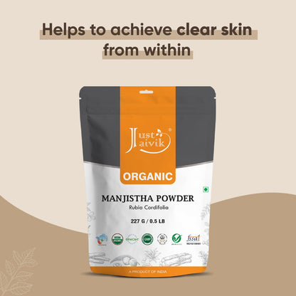 Back view of Just Jaivik Manjistha powder showing ingredients