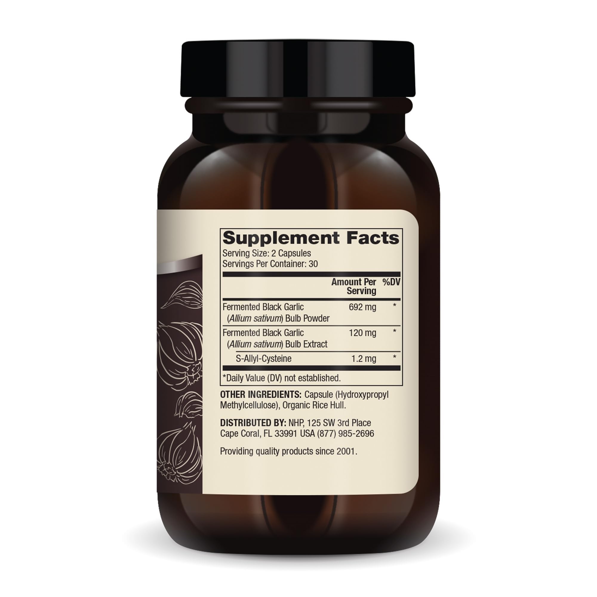 Dr. Mercola Fermented Black Garlic packaging displaying supplement facts and ingredients