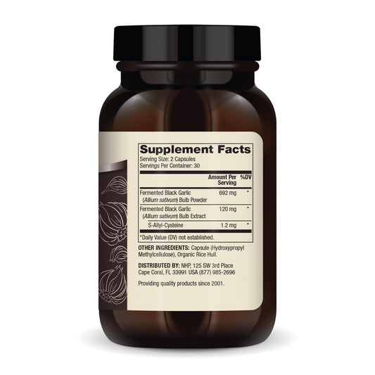 Dr. Mercola Fermented Black Garlic packaging displaying supplement facts and ingredients