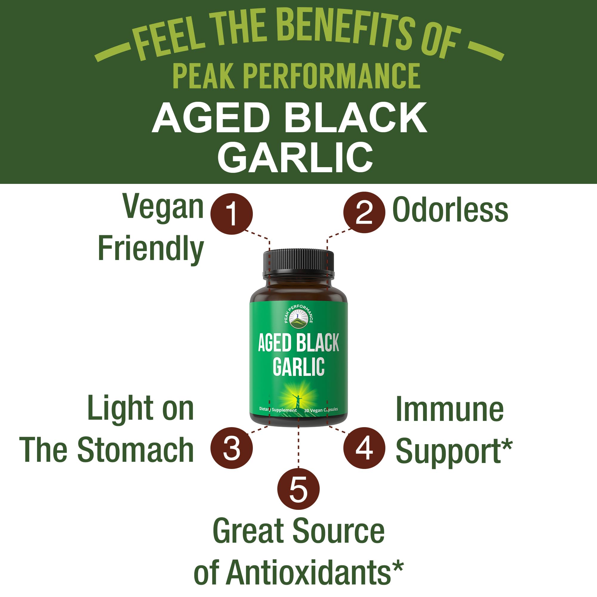 Odorless raw vegan black garlic dietary supplement bottle label details