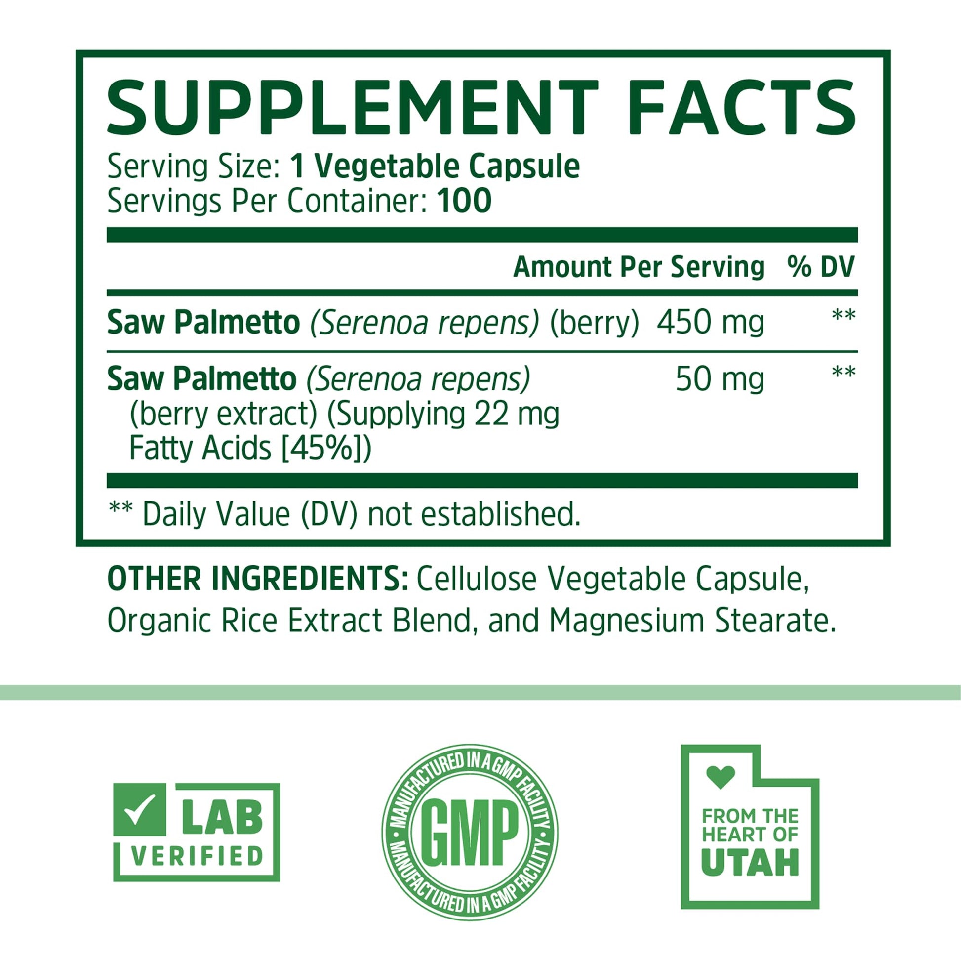Zhou Nutrition Saw Palmetto supplement packaging displaying supplement facts and usage instructions.