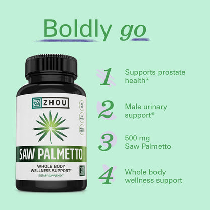Authentic Zhou Nutrition Saw Palmetto capsules container showing the hundred veggie capsules count.