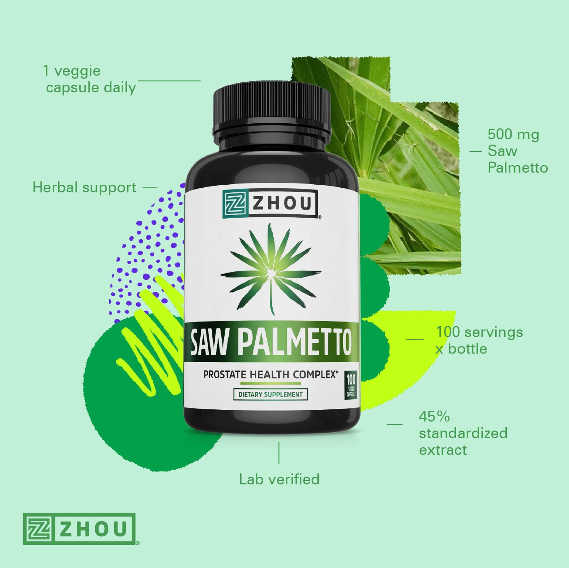 Zhou Nutrition Saw Palmetto dietary supplement for prostate health and urinary frequency management.