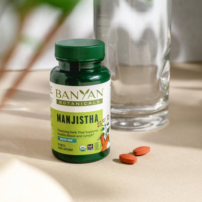Back of Banyan Botanicals Manjistha bottle showing ingredients