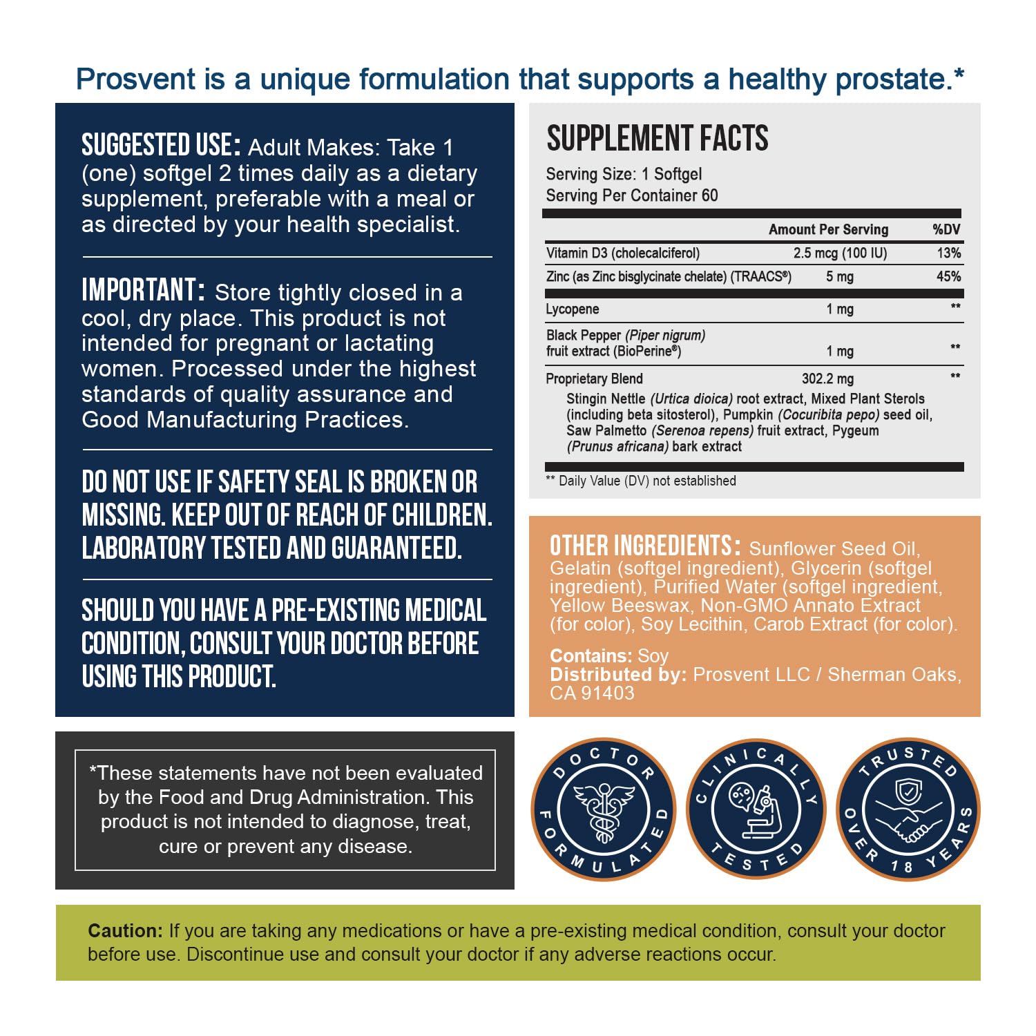 Prosvent doctor formulated prostate support sixty softgels packaging showing supplement facts.