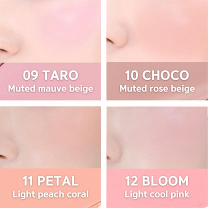 Close up view of BBIA buildable cream blush compact highlighting the lightweight matte finish formula.