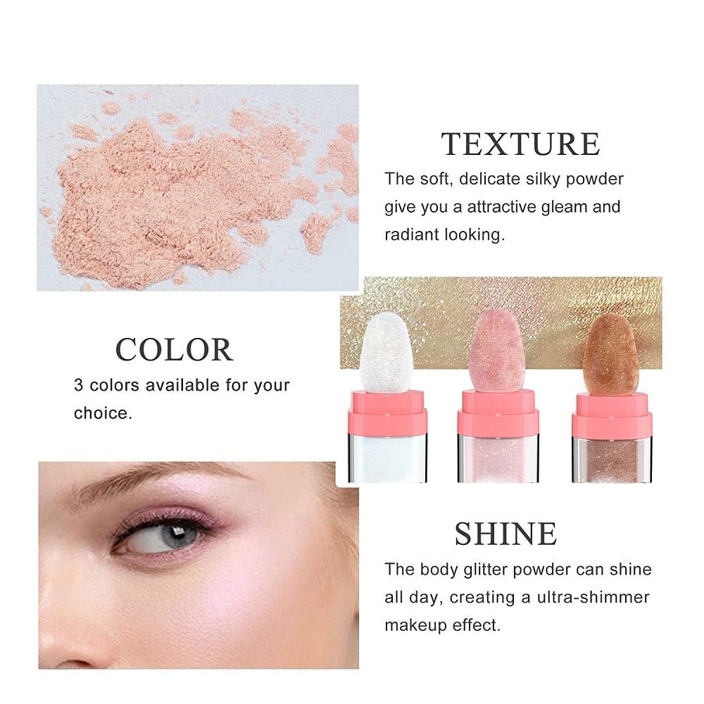 Three dimensional face highlighter glitter powder swatched on different skin tones.