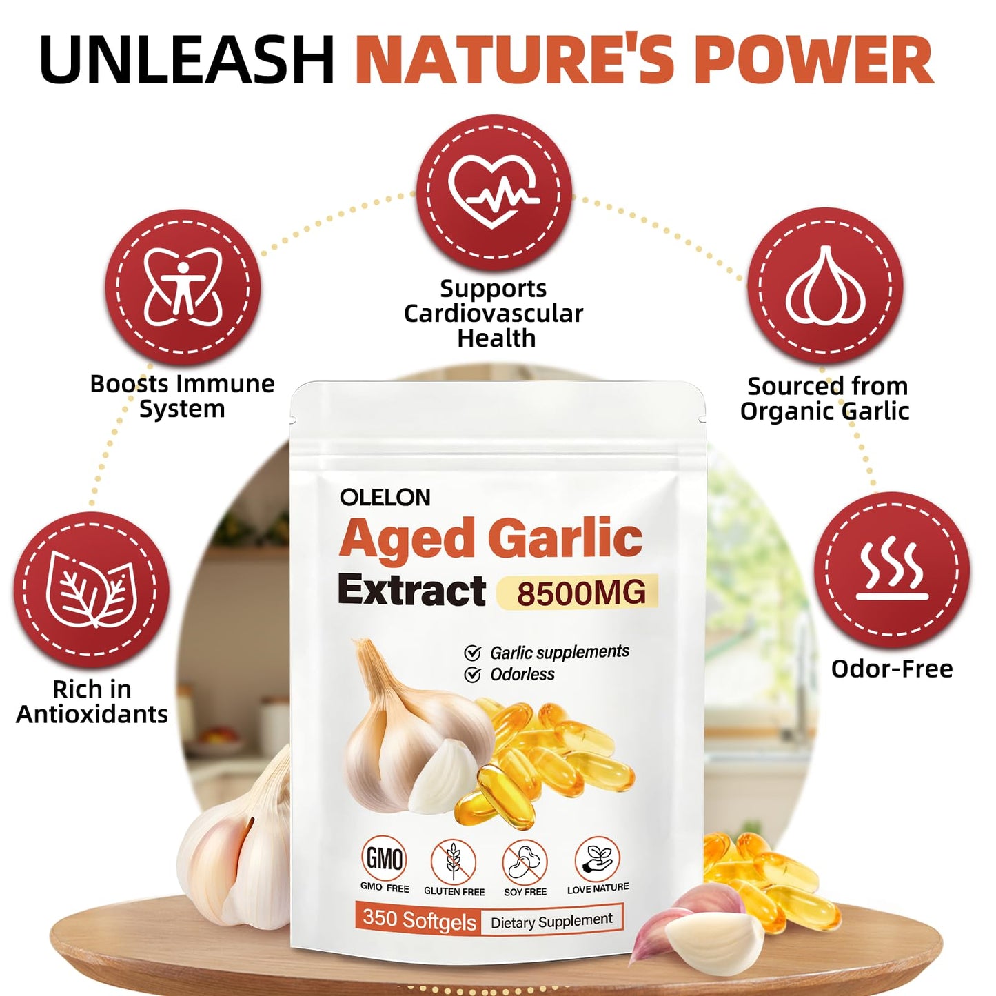 OLELON 20 to 1 concentrated aged garlic extract 8500mg softgel capsules on a clear background