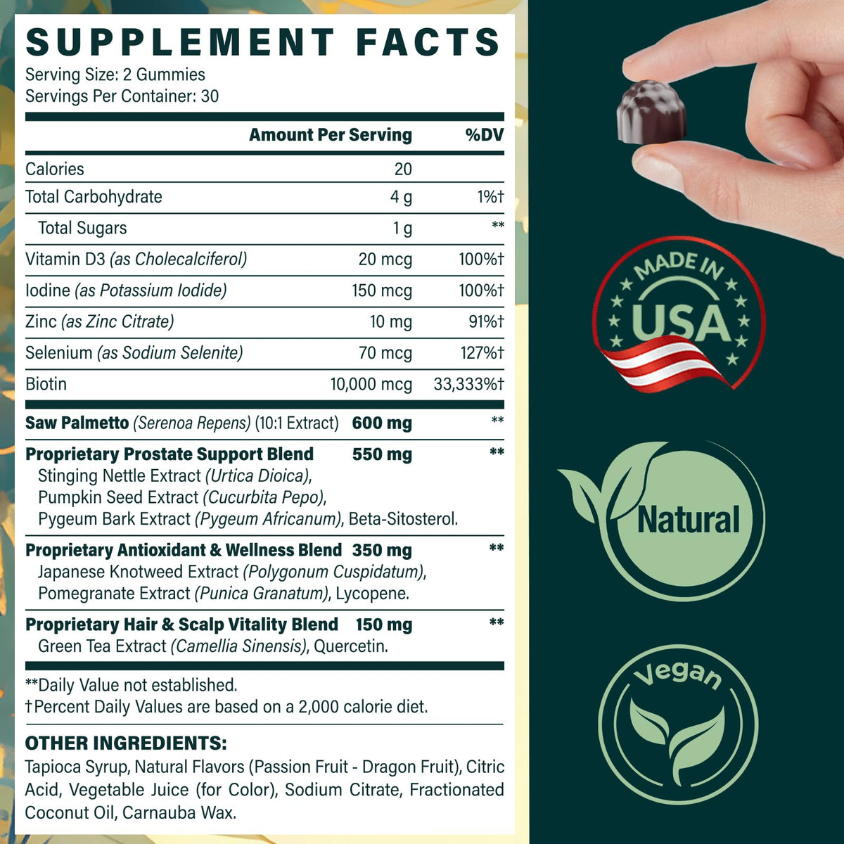 EnvyDeal Saw Palmetto and Biotin gummies displayed with lifestyle elements representing men's hair wellness.