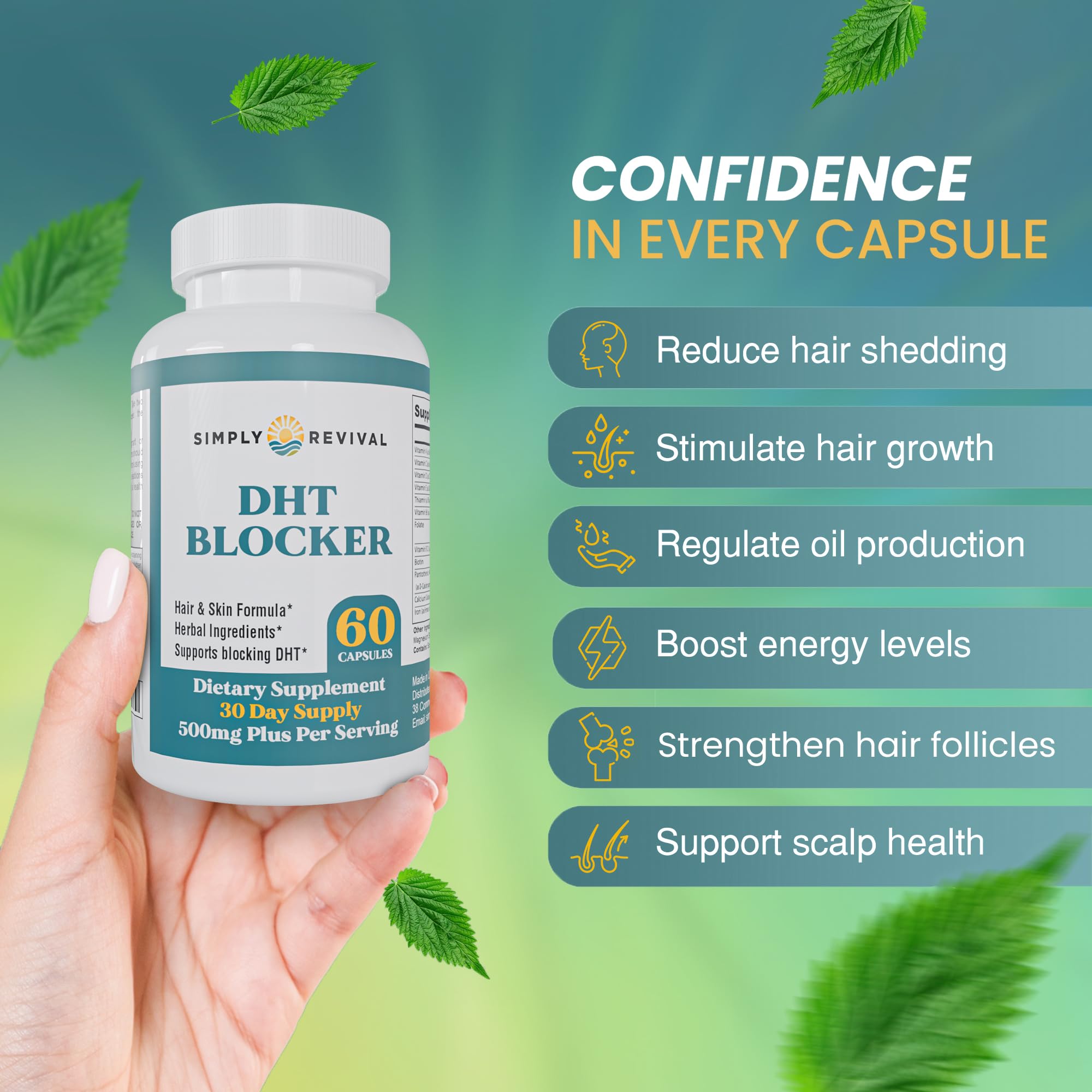 Simply Revival natural herbal supplement bottle label detailing bamboo extract and biotin ingredients