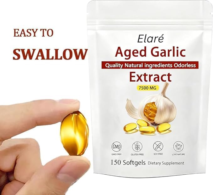 Odorless aged garlic dietary supplement packaging showcasing non GMO verification
