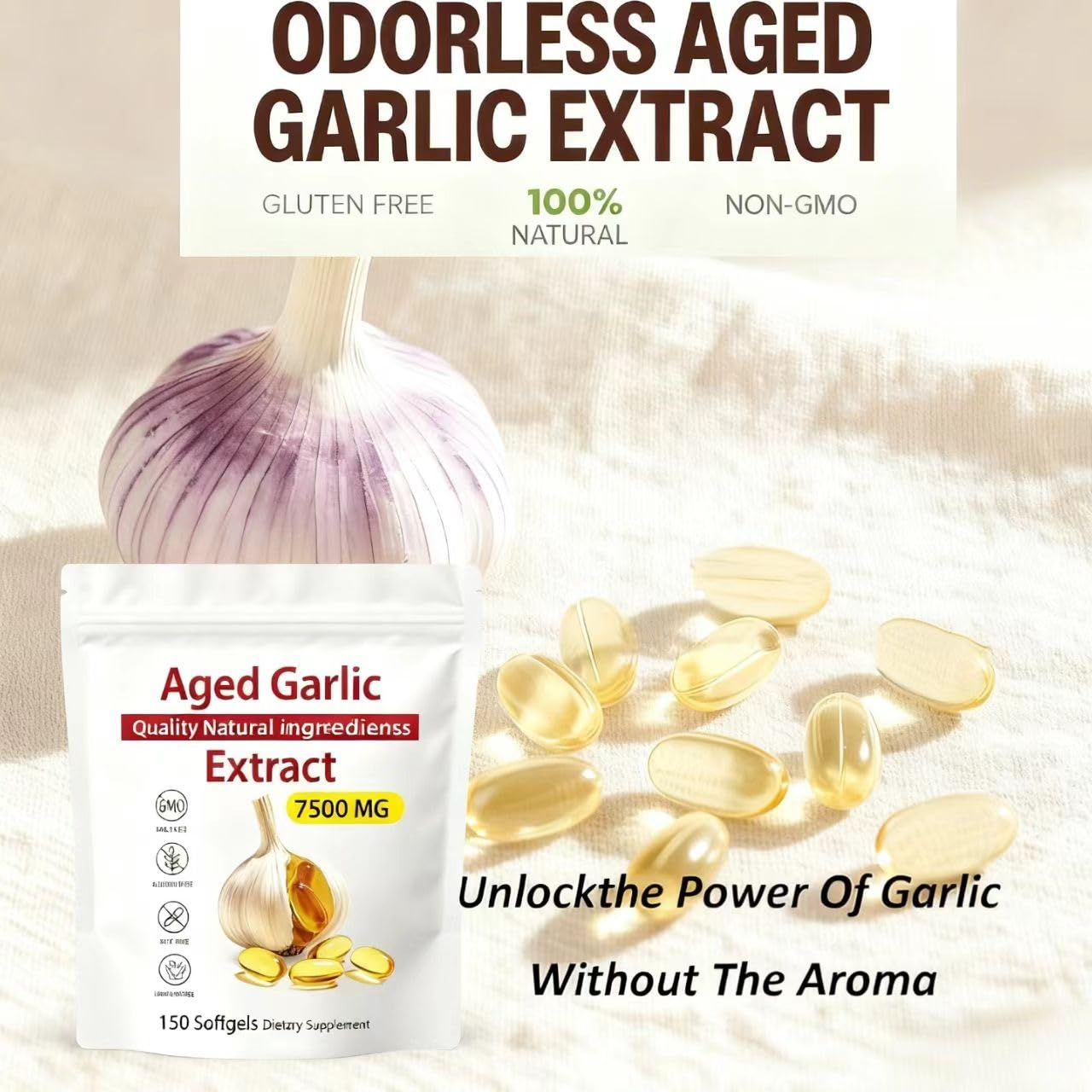 Premium USA imported aged garlic softgels container detailing cardiovascular health benefits