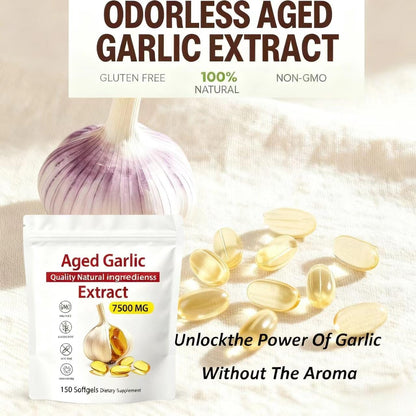 Premium USA imported aged garlic softgels container detailing cardiovascular health benefits