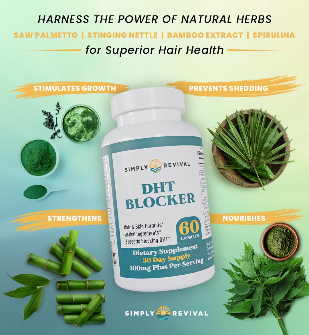 Simply Revival herbal hair loss capsules bottle showcased against a clean lifestyle background