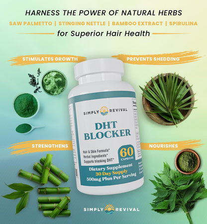 Simply Revival herbal hair loss capsules bottle showcased against a clean lifestyle background
