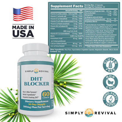 Capsules of Simply Revival saw palmetto supplement displayed next to the product container showing serving details